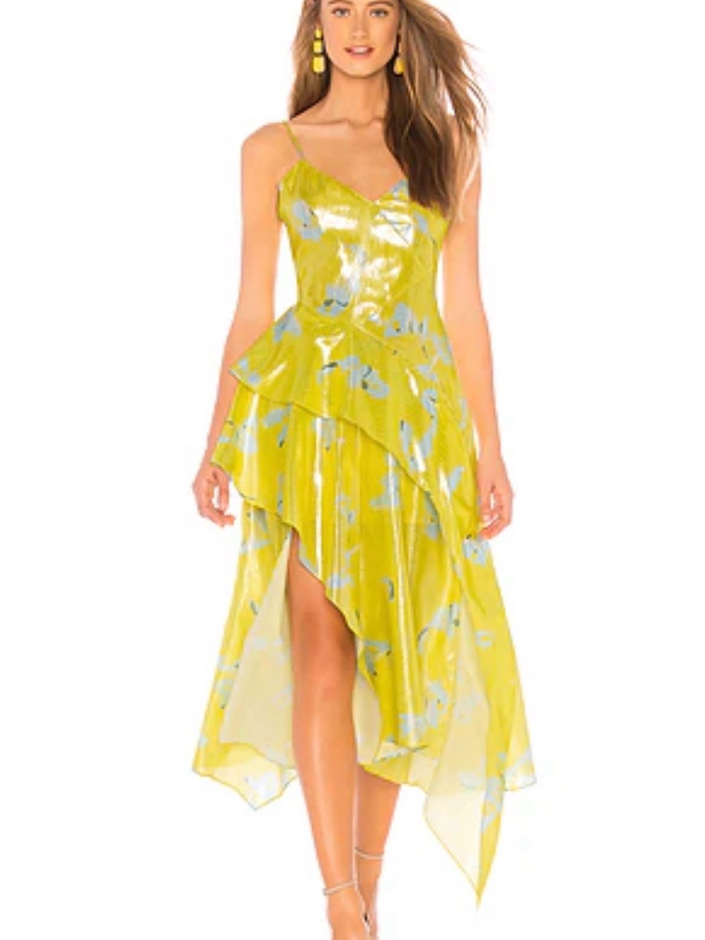 Tanya Taylor Yellow Floral High-Low Ruffle Midi Dress
